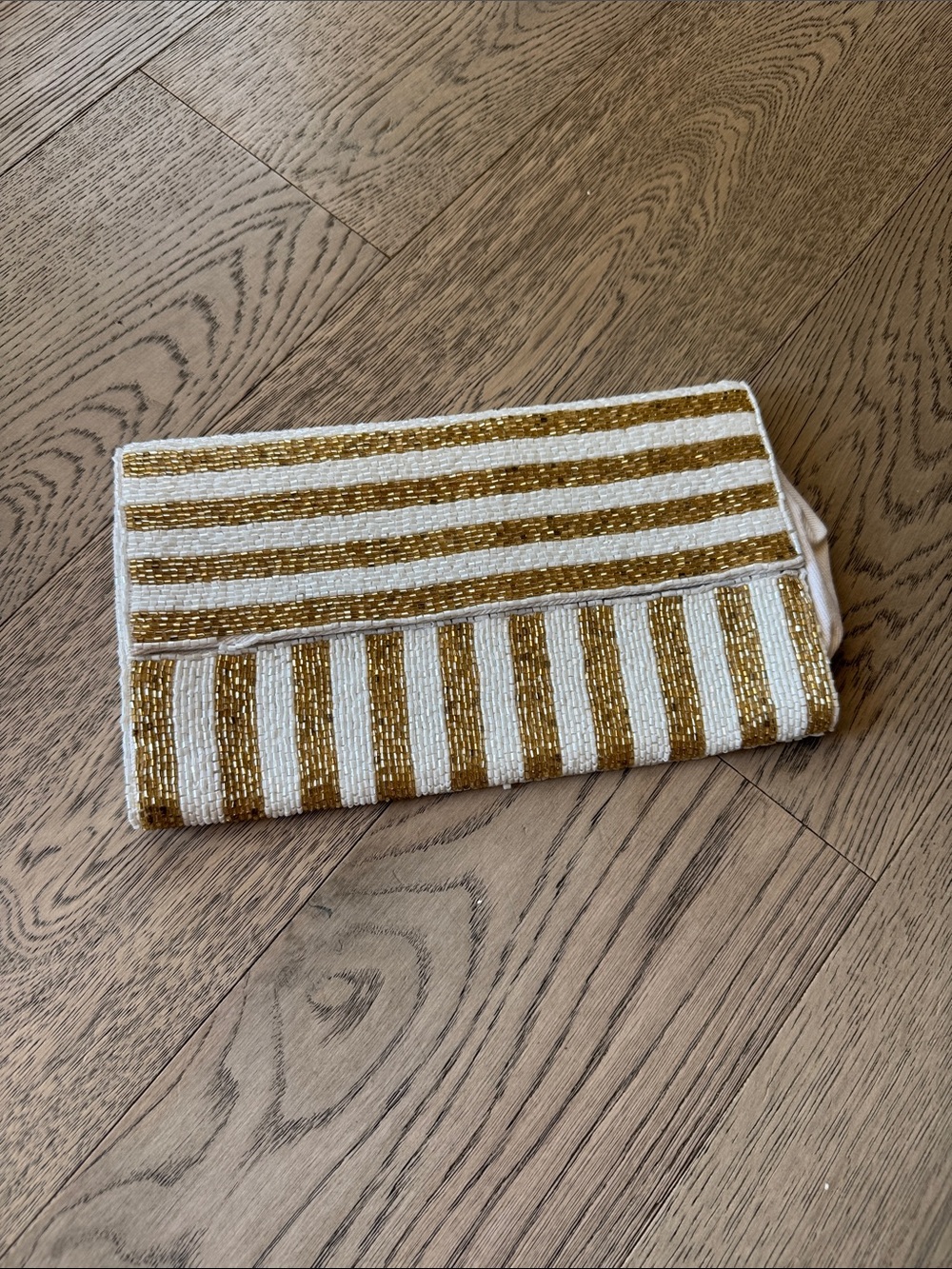 Gold and White Beaded Stripe Clutch